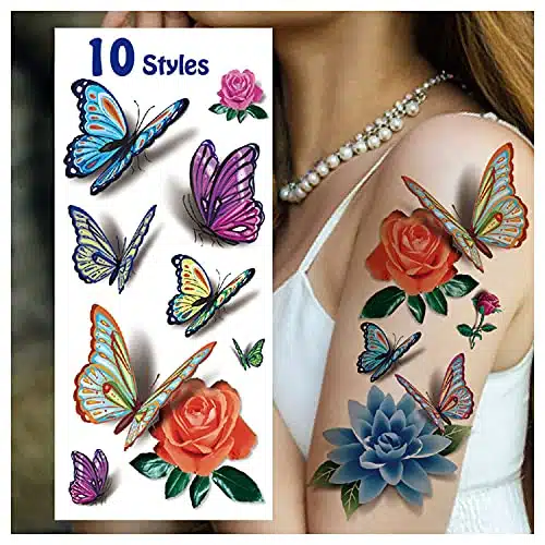 Cerlaza Styles Temporary Tattoos for Women Adults, D Butterfly Tattoo Stickers Realistic Tatuajes Temporales Woman, Waterproof Long Lasting Flower Fake Tattoos Sexy Semi Permanent Tatoo