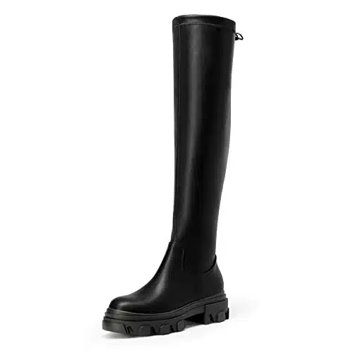 DREAM PAIRS Women's Sdobw Over The Knee Platform Thigh High Boots Long Stretch Soft Chunky Lug Sole Fall Fashion Boots, Black Pu,