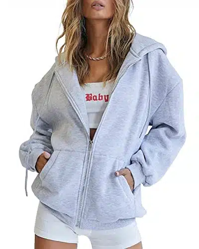 EFAN Oversized Sweatshirt Women Fall Fleece Jacket Cute Hoodies Pullover Hooded Tops Teen Girl Casual Loose Fit Zip Up Yk Trendy Fashion Winter Gym Clothes Outfits Grey