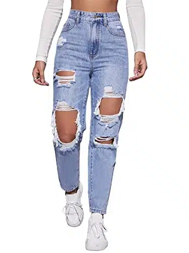 Floerns Women's High Waist Straight Leg Ripped Jeans Distressed Denim Pants Light Blue L