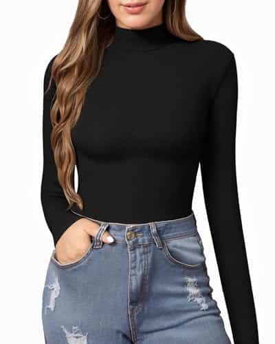 MANGOPOP Women's Mock Turtle Neck Slim Fit Long Sleeve T Shirt Tight Tops Tee(Small,Black)