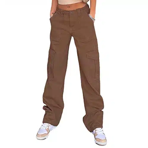 QYANGG High Waist Cargo Pants Women Stretch Baggy Cargo Pants Women Multiple Pockets Relaxed Fit Straight Wide Leg YK Pants Brown