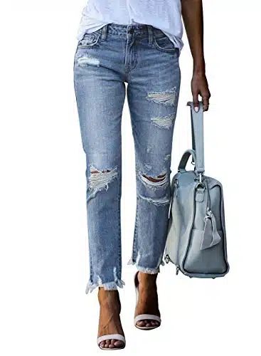 Sidefeel Women Distressed Raw Hem Washed Jeans Ripped Slim Fit Denim Pants Medium Sky Blue