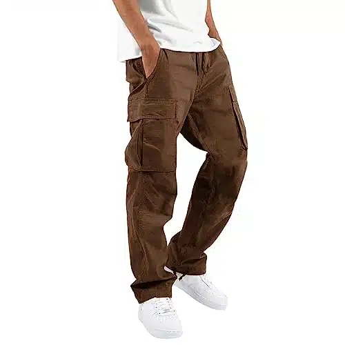 THWEI Mens Cargo Pants Casual Joggers Athletic Pants Cotton Loose Straight Sweatpants Brown L