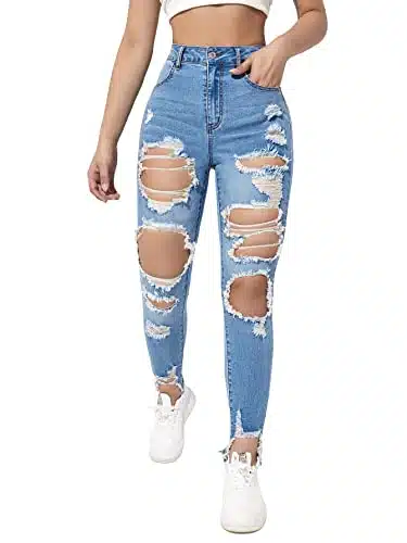 WDIRARA Women's High Waisted Ripped Raw Hem Skinny Jeans Distressed Cut Out Pants Light Wash M