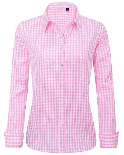 J.VER Womens Dress Shirts Regular Fit Long Sleeve Stretch Gingham Work Shirt Pink Gingham X Large