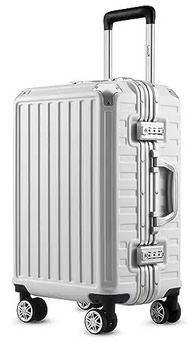 LUGGEX Carry On Luggage with Aluminum Frame, Polycarbonate Zipperless Luggage with Wheels, White Hard Shell Luggage etal Corner