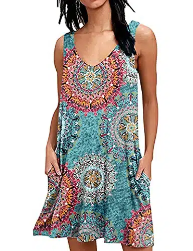 MISFAY Women's Summer Casual T Shirt Dresses Beach Cover up Plain Tank Dress with Pockets (XL, Print Green)