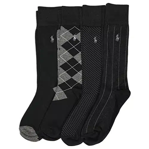 POLO RALPH LAUREN Men's Assorted Pattern Dress Crew Socks Pair Pack   Soft and Lightweight Cotton Comfort, Black,