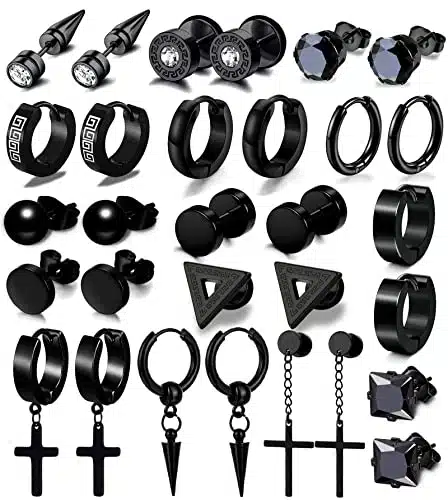 Pairs Earrings for Men, Black Stainless Steel Earrings Stud Kit for Men Women Fashion Piercing Jewelry Cross Dangle Hoop Earrings Set