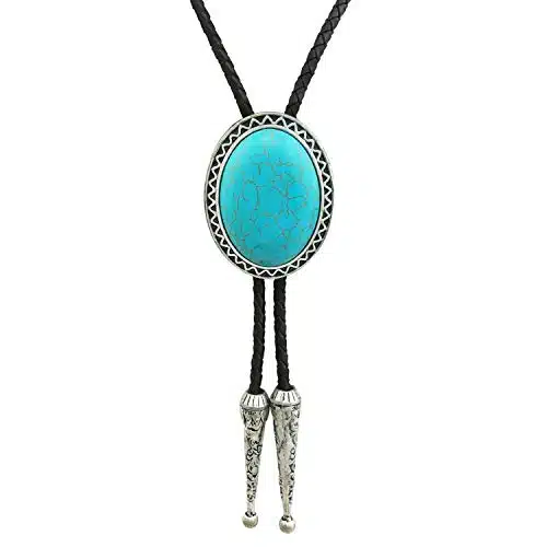 SELOVO Genuine Leather Bolo Tie for Men Native Western Created Turquoise Stone Silver Tone