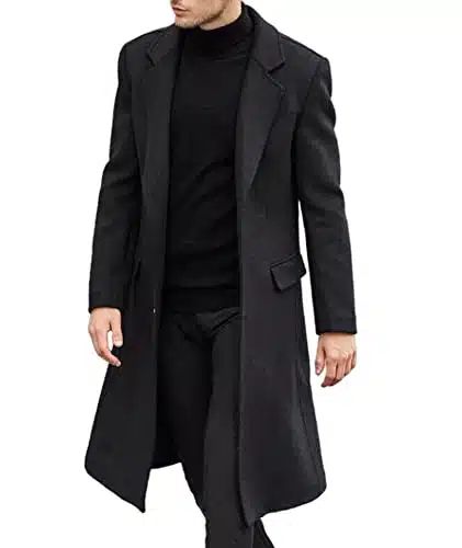 SOMTHRON Men's Casual Trench Coat Slim Fit Notched Collar Long Jacket Overcoat Single Breasted Pea Coat wih Pockets BL XL