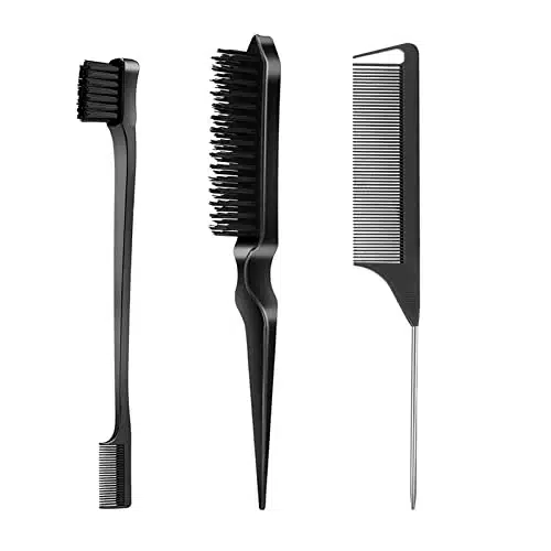 SWEET VIE Pcs Slick Back Hair Brush Set with Pcs Edge Brush Pcs Bristle Hair Brush Pcs Rat Tail Comb, Teasing Brush Set for Smoothing Baby Hair & Flyaways   Black