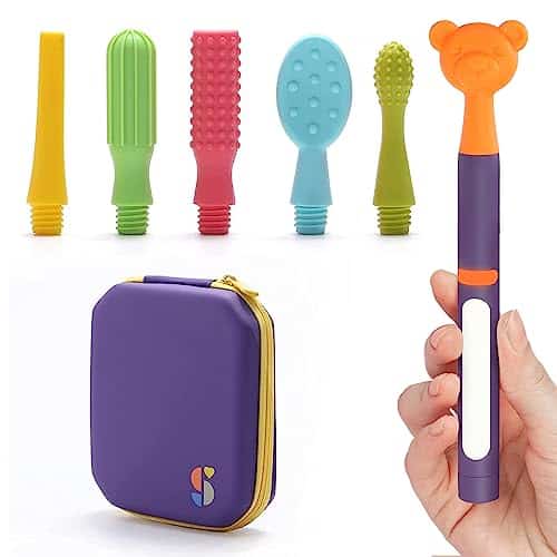 Special Supplies Buzz Buddy Oral Stimulation kit with Soft Textured Interchangeable Heads, Calm Sensory Needs, Support Speech, and Stimulate Self Feeding, Gentle Vibrations (Purple Handle)