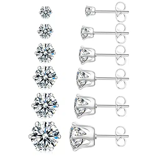 UHIBROS Pairs Stainless Steel Stud Earrings Set Hypoallergenic Cubic Zirconia K White Gold L CZ Earrings