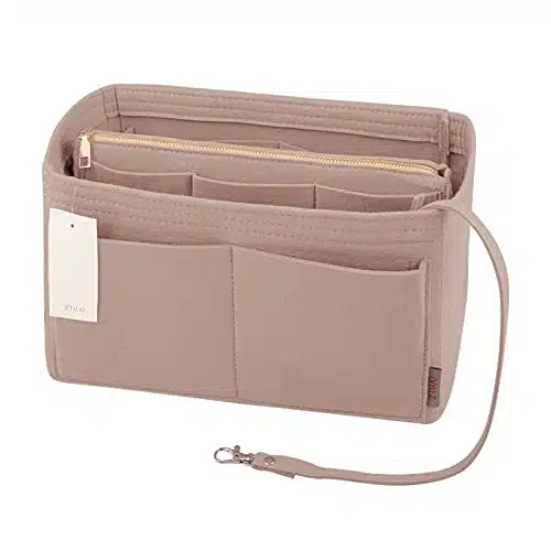 ZTUJO Purse Organizer Insert, Felt Bag Organizer with Metal Zipper, Handbag & Tote Shaper, For Speedy Neverfull Tote, Sizes (Slender Large, Beige)