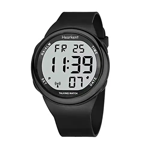 Hearkent Atomic Talking Watch Sets Itself for Visually impaired or Seniors LCD Big Number Easy to Read Talking Watch for Elderly (All Black)