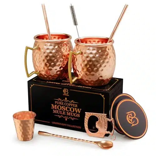 copper bar Moscow Mule Copper Mugs  Set of Hammered Cups  % HANDCRAFTED Pure Solid Copper  Gift Set With Cocktail Straws  Shot Glass  Coasters  Copper Stirrer & Beer opener