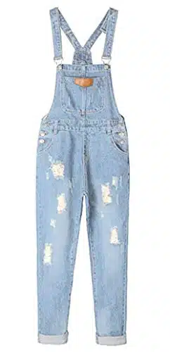 AvaCostume Women's Adjustable Strap Ripped Denim Overalls LightBlue L