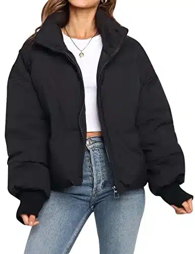 Gihuo Womens Winter Warm Long Sleeve Zip Front Short Baggy Puffer Jacket with Pockets(Black M)