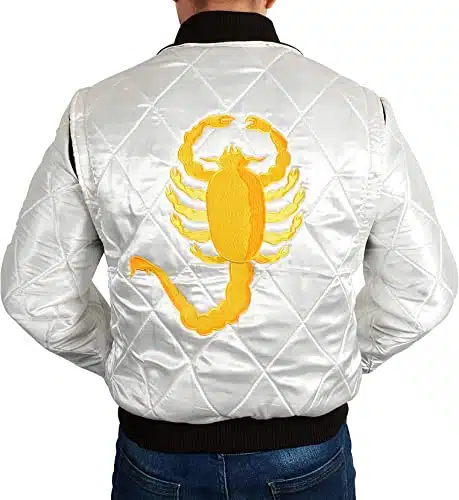 III Fashions Men's Drive Scorpion Ryan Gosling Quilted Embroidered White Satin Bomber Jacket