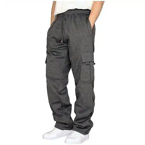 Mens Tall Sweatpants Black of Friday Deals   Men's Fleece Cargo Sweatpants Open Bottom Drawstring Baggy Joggers Loose Fit Tech Athletic Workout Gym Pants