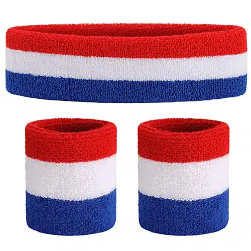 ONUPGO Sweatband Set Premium Sports Headband Wristband Set Sweatbands Terry Cloth Wristband Wrist Sweatband Headbands Moisture Wicking Sweat Absorbing Head Band RedWhiteBlue