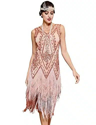 PrettyGuide Women's s Flapper Dress Gatsby Inspired Swing Fringed Cocktail Dress Rose Gold XXL