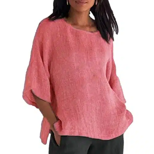 linen tops for women loose fit Womens Summer Linen Shirts Loose Fit Trendy Boho Top Oversized Sleeve Tunic Linen Blouses Casual Beach Wear new boho tops for women summer Pink 