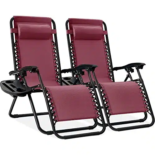 Best Choice Products Set of Adjustable Steel Mesh Zero Gravity Lounge Chair Recliners wPillows and Cup Holder Trays   Burgundy