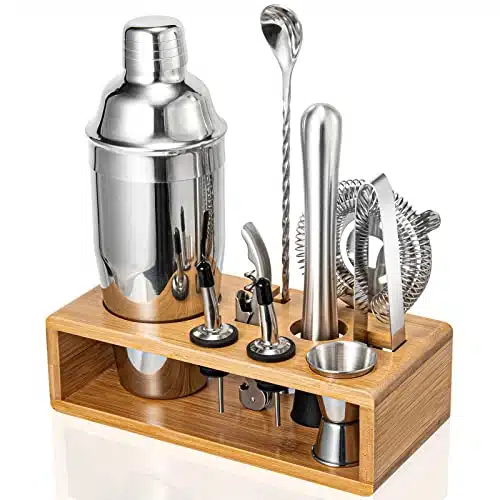 Cocktail Shaker Set, Mixology Bartender Kit Piece Bar Tool Set with Stylish Bamboo Stand, Bar kit Matini Shaker Mixing Spoon Muddler Jigger Cocksrew for Barware Set