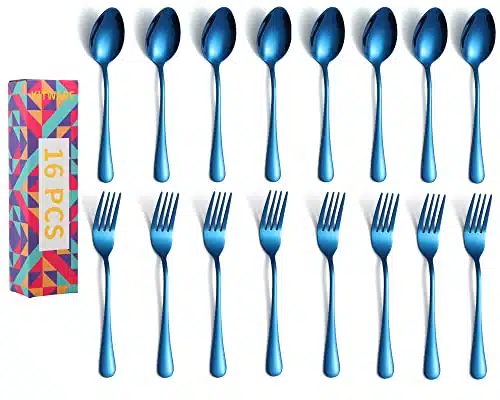 Dinner Forks and Spoons Blue Silverware Set of , KITWARE Stainless Steel Flatware Cutlery for Kitchen Home Restaurant, Heavy duty Fork and Tablespoon for Travel, Camping BBQ