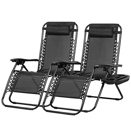 Nazhura Set of Relaxing Recliners Patio Chairs Adjustable Steel Mesh Zero Gravity Lounge Chair Beach Chairs with Pillow and Cup Holder Black