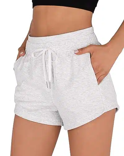 ODODOS Women's Sweat Shorts with Pockets Cotton French Terry Drawstring Summer Workout Casual Lounge Shorts, White Heather, Medium