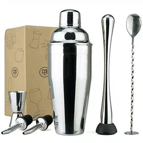 PG Professional Bartender Kit   PC Premium Cocktail Stainless Steel Shaker Set   oz Martini Shaker Gloss Finish, with Muddler, Stirring Spoon, x Wine Pourer, and Double Jigger