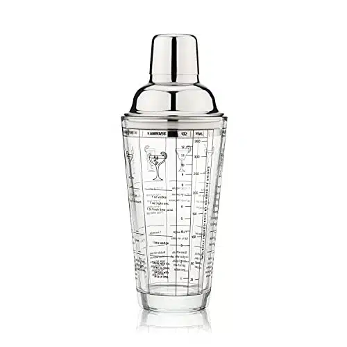 True Glass Cocktail Shaker with Cocktail Recipes, Clear Glass Shaker with Strainer, oz