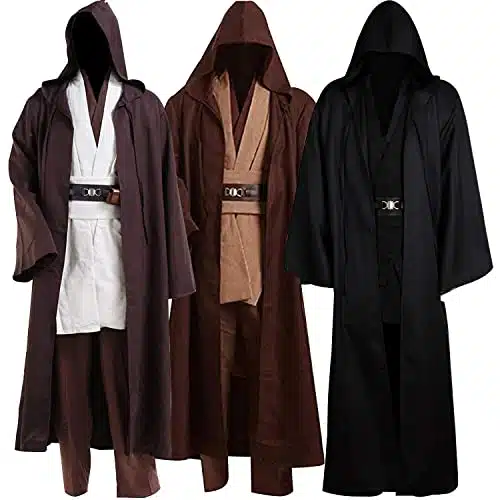 Tunic Costume Men's Tunic Hooded Robe Full Set Halloween Cosplay Costume Cloak Set (Large, Black)