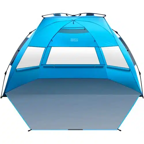 OutdoorMaster Pop Up Beach Tent for Person   Easy Setup and Portable Beach Shade Sun Shelter Canopy with UPF + UV Protection Removable Skylight Family Size   Blue