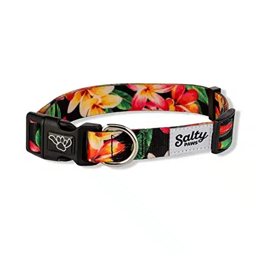 Shaka's Salty Paws Boy & Girl Dog Collar Small Medium Large (Large Dog Collar Adj. for Dogs lbs, Black Floral Hawaiian Print Dog Collar)